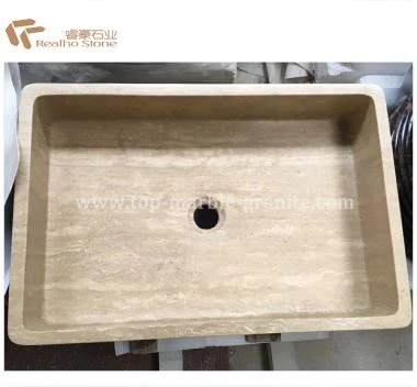 Beige travertine batu Bathroom Sinks mangkuk