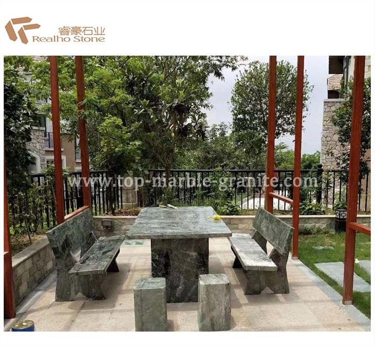 Meja Batu Alam Marmer Hijau Dan Kursi Set Bangku Furniture Untuk Taman